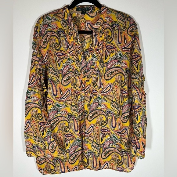 Lauren Ralph Lauren yellow paisley lightweight boho tunic top sz 2X bell sleeves - Picture 1 of 8